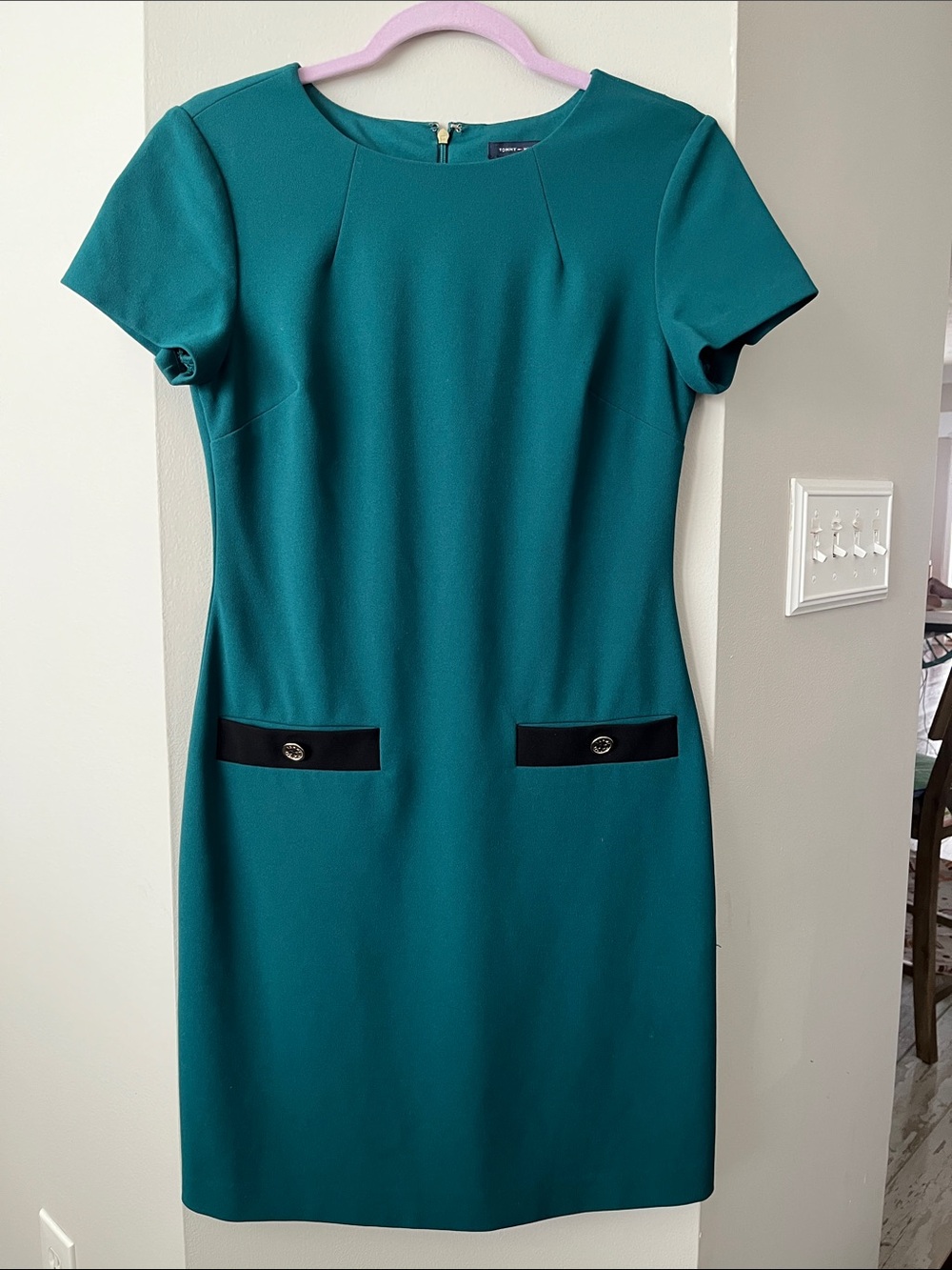 Tommy Hilfiger Teal Short-Sleeve Mini Dress with Black Pocket Trim